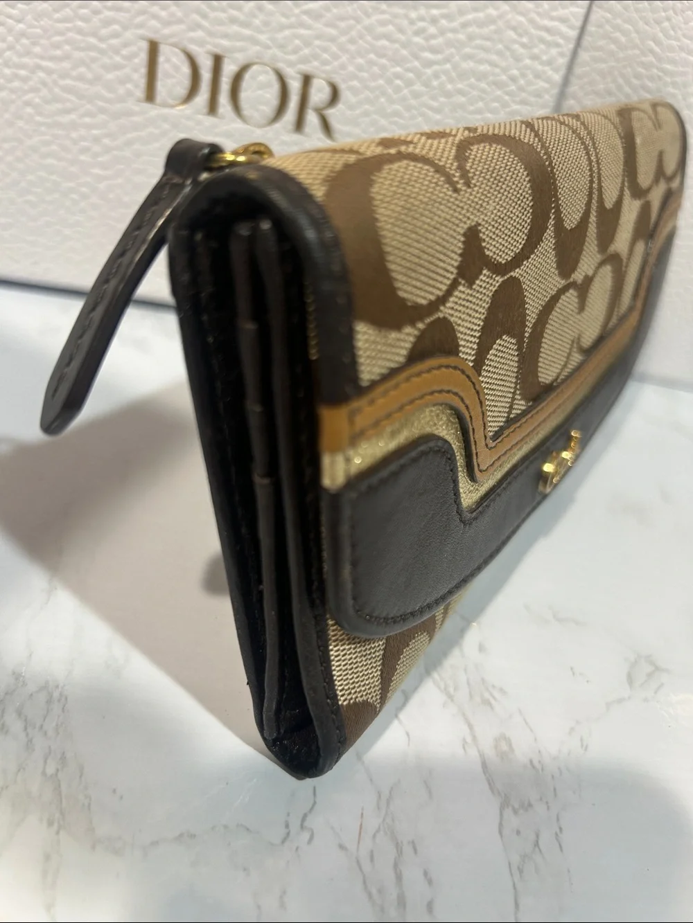 Coach Signature Canvas Trifold Wallet in Brown and Tan - Picture 7 of 8